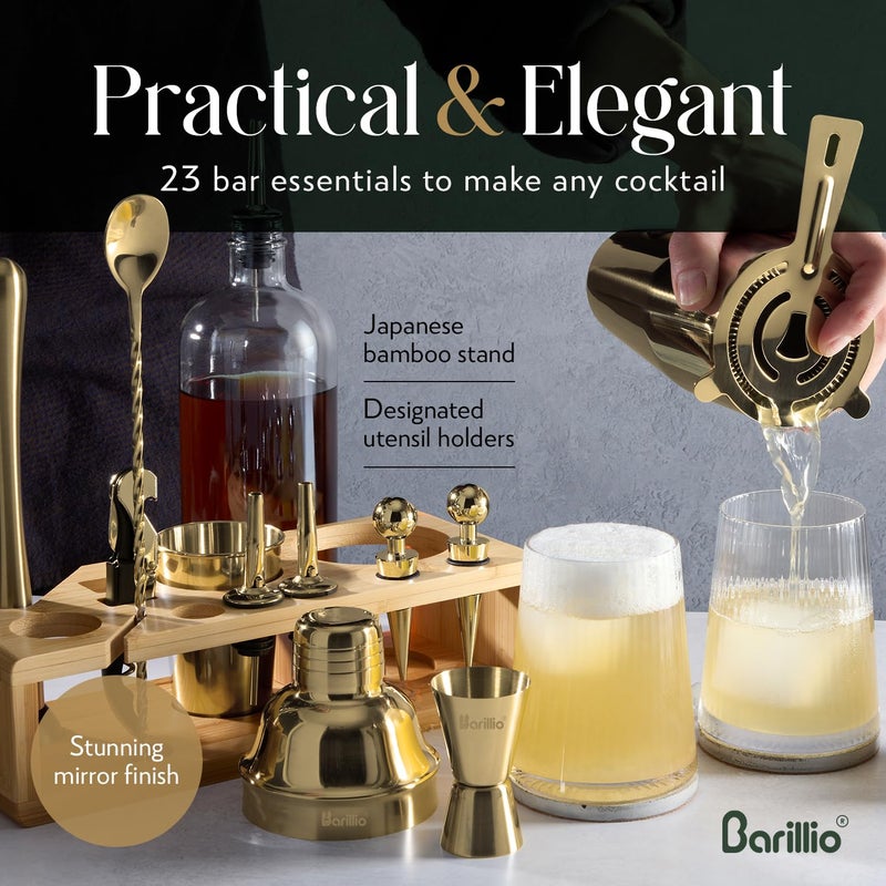 Barillio Gold Bartender Kit - Stainless-Steel Cocktail Shaker Set w/Bamboo Stand - Mixology Bar Tools w/Drink Shaker, Mixer Spoon and Muddler for Cocktails - Home Bar Accessories - 23-Pc Bar Set - Image 4
